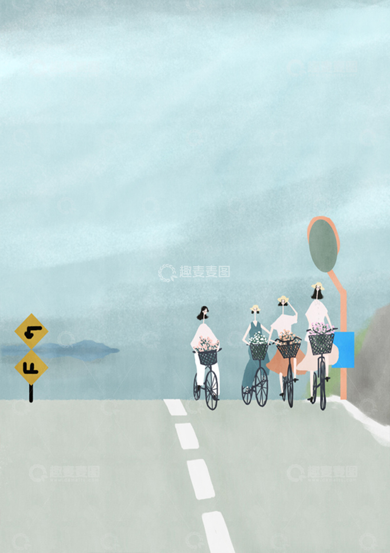 高清大图下载【趣麦麦图】原创治愈插画作品素材街道骑车