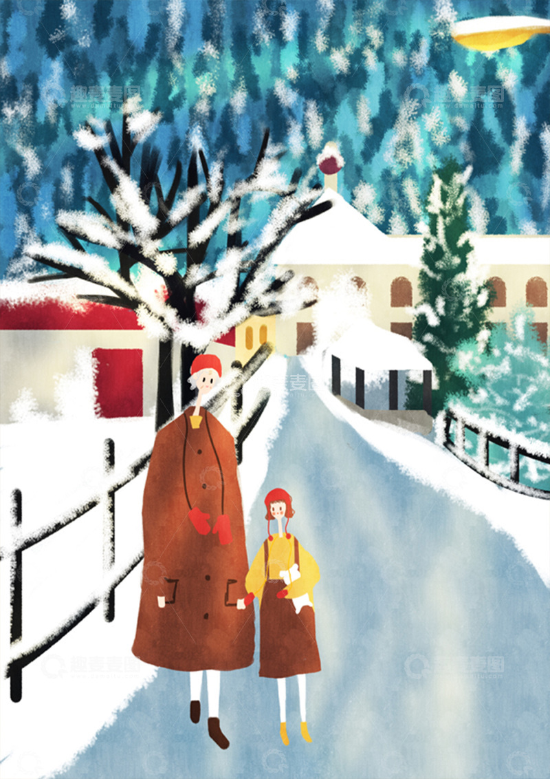 高清大图下载【趣麦麦图】原创治愈插画作品素材立冬家庭团聚