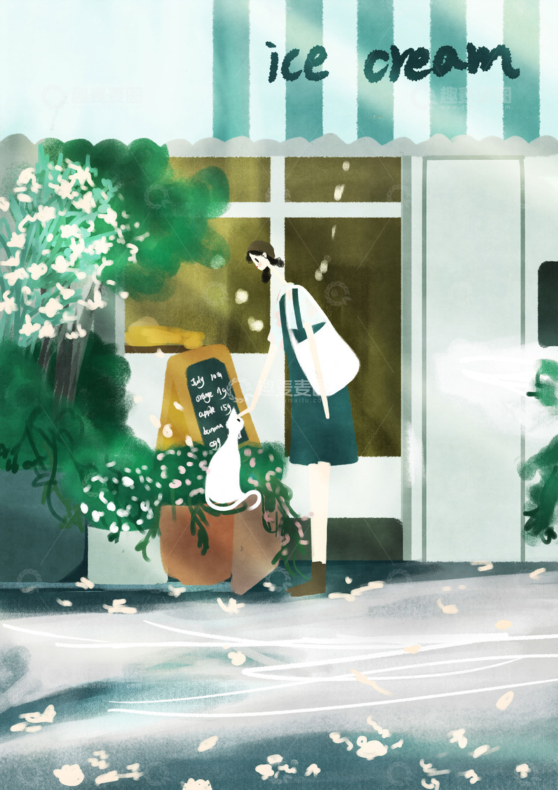 高清大图下载【趣麦麦图】原创治愈插画作品素材冰激凌店铺