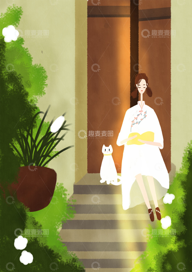 高清大图下载【趣麦麦图】原创治愈插画作品素材读书的女孩