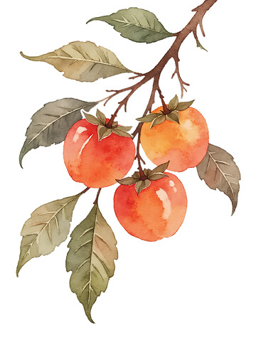 国画风格柿子果实绿叶静物插画