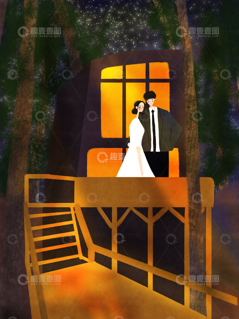 高清大图下载【趣麦麦图】原创治愈插画作品素材七夕情侣夜晚观星