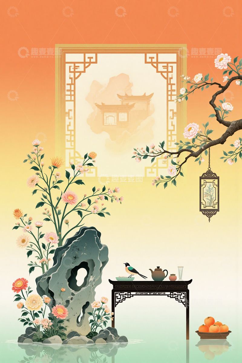 新中式秋日立秋美学工笔画中国风插画