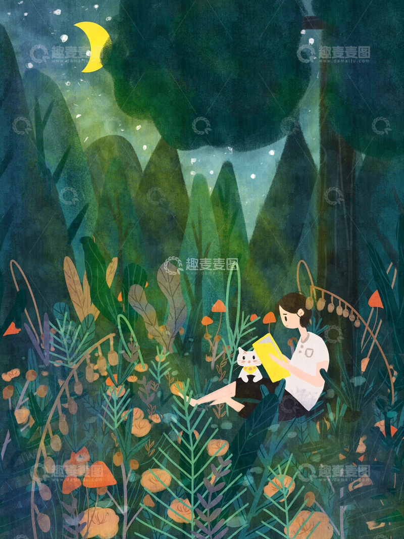 高清大图下载【趣麦麦图】原创治愈插画作品素材儿童节看书