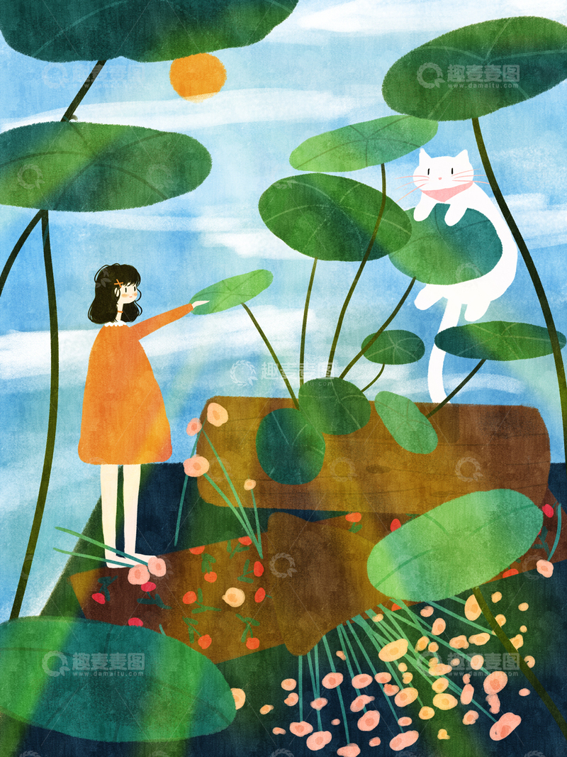 高清大图下载【趣麦麦图】原创治愈插画作品素材立夏时节荷叶