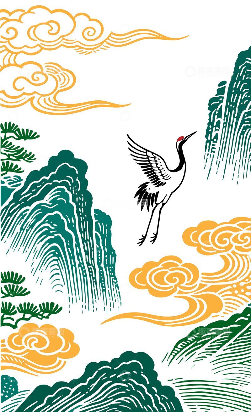 源文件下载【趣麦麦图】-中式山水祥云仙鹤