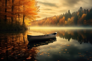 秋季湖泊木船美景