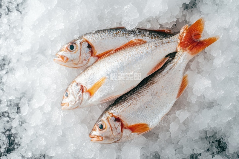 高清大图下载【趣麦麦图】碎冰渣上的新鲜冻鱼
