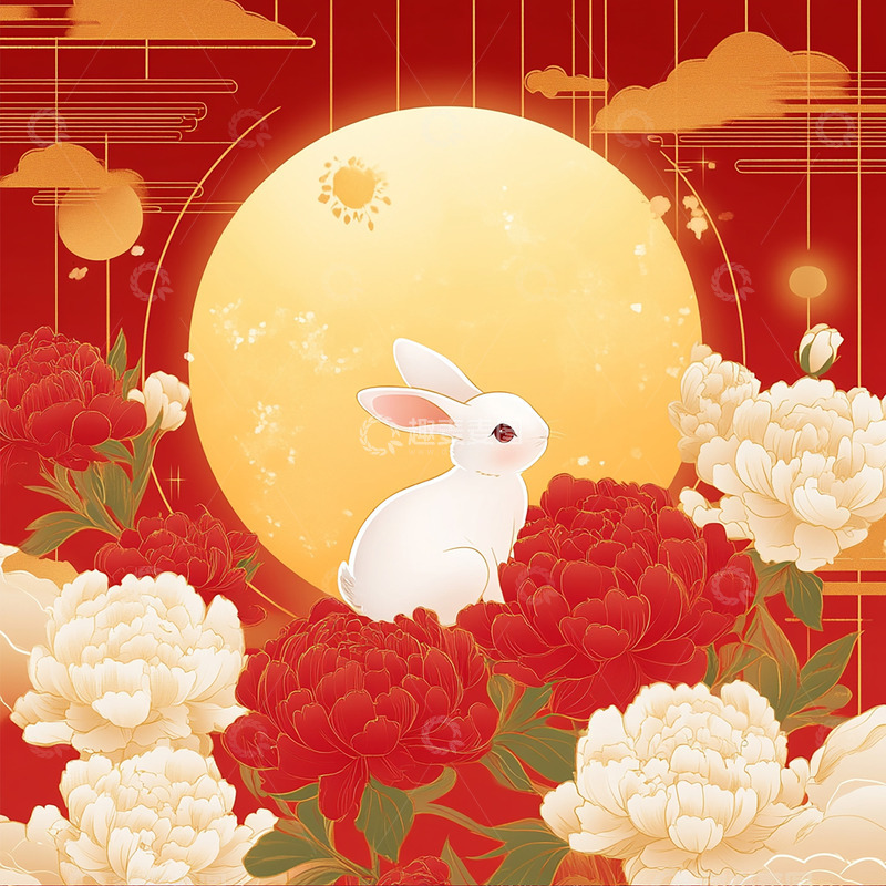 高清大图下载【趣麦麦图】中秋节兔子月亮 花