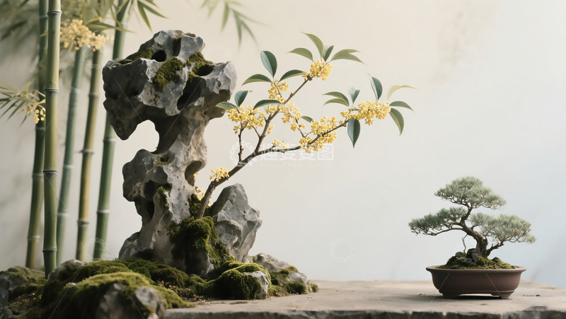 高清大图下载【趣麦麦图】桂花假山插画场景