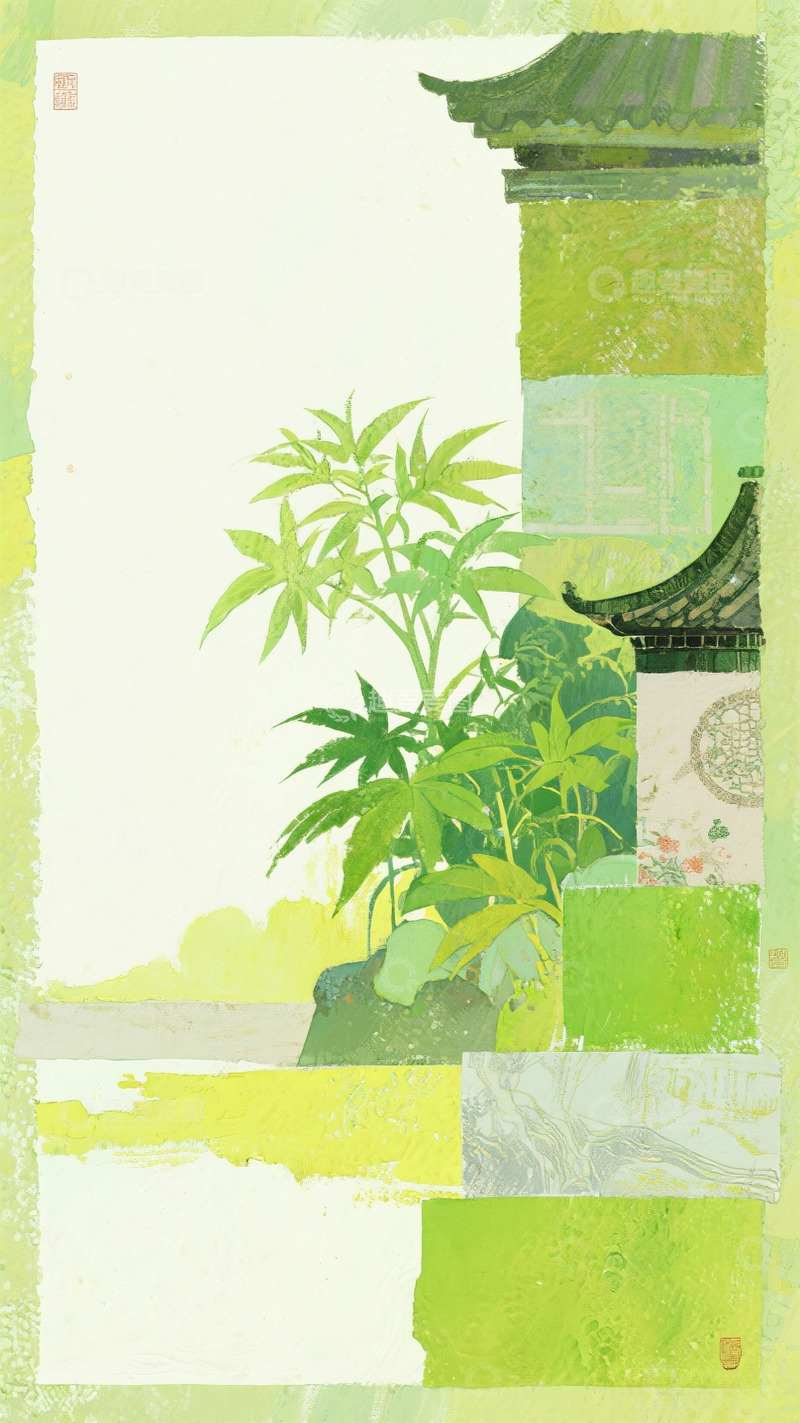 高清大图下载【趣麦麦图】绿色古风水墨建筑竹子元素背景