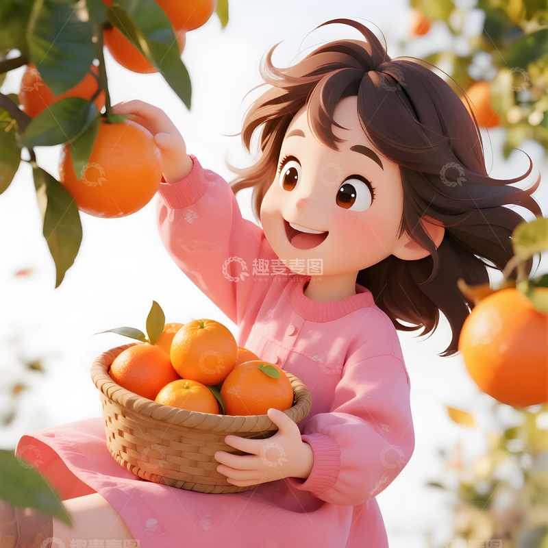 源文件下载【趣麦麦图】秋季卡通摘水果的小女孩