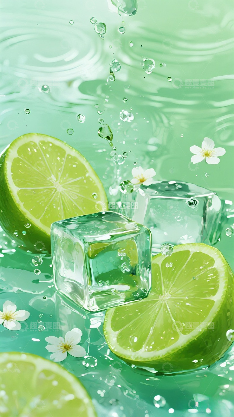 高清大图下载【趣麦麦图】夏天冰块柠檬绿色背景素材