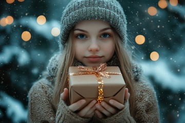 拿着圣诞礼物的可爱女孩