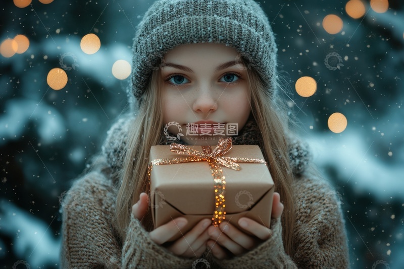 高清大图下载【趣麦麦图】拿着圣诞礼物的可爱女孩