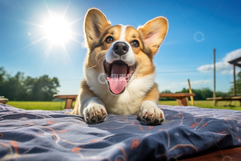 高清大图下载【趣麦麦图】趴在草地上的小柯基