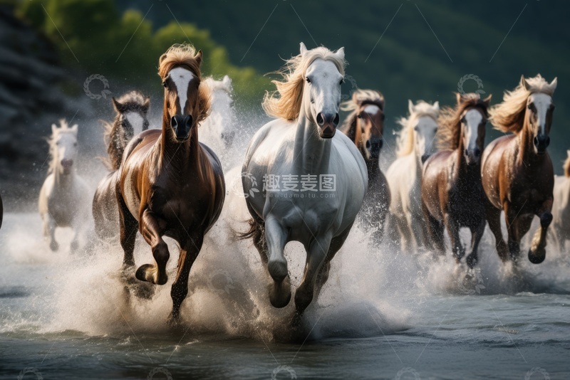 高清大图下载【趣麦麦图】河道里一群跑步的马匹