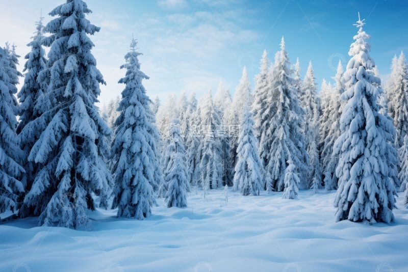 高清大图下载【趣麦麦图】冬季白雪覆盖的松树林