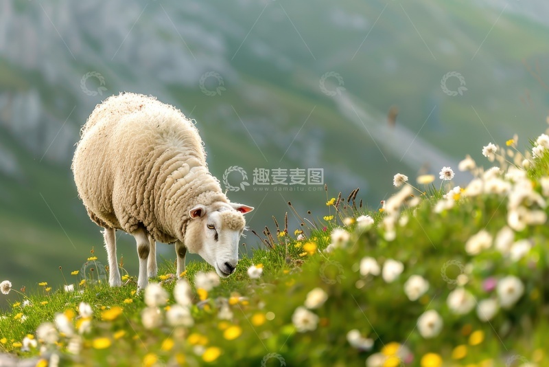 高清大图下载【趣麦麦图】开满鲜花的山坡有一只吃草的绵羊