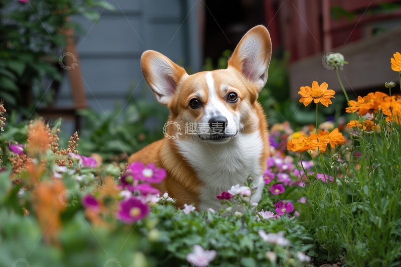 高清大图下载【趣麦麦图】花丛里的小柯基