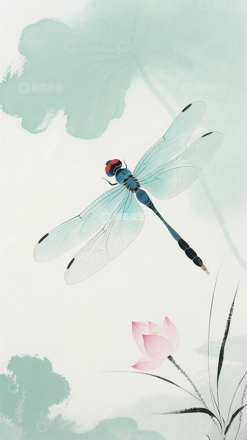 高清大图下载【趣麦麦图】国风处暑立夏节气夏日蜻蜓水墨背景
