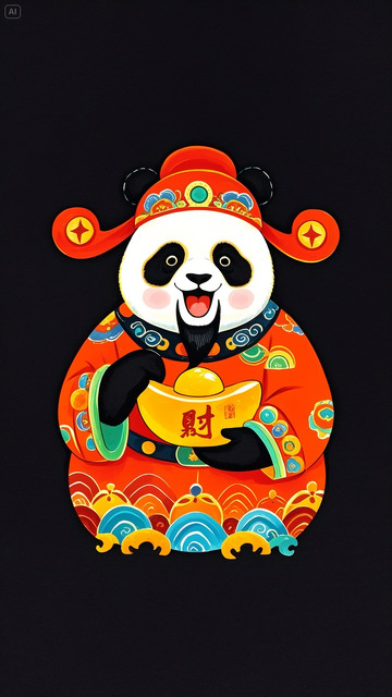 手绘熊猫财神爷