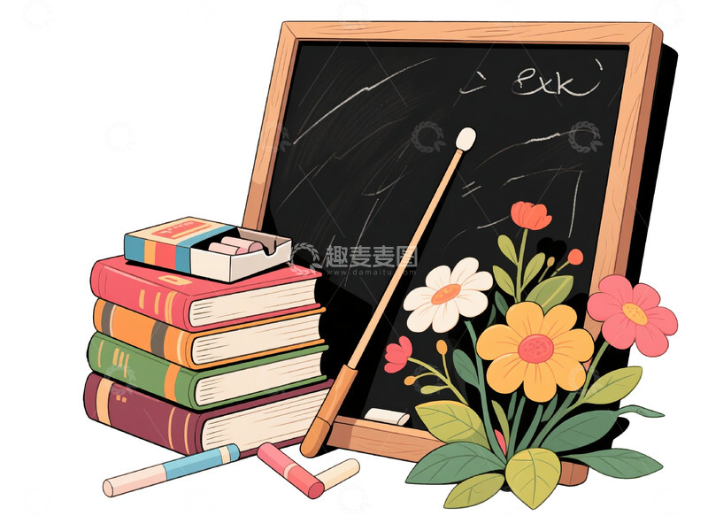 高清大图下载【趣麦麦图】教师节黑板鲜花课本