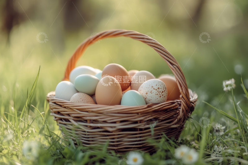 高清大图下载【趣麦麦图】草地上放置的一篮子鸡蛋