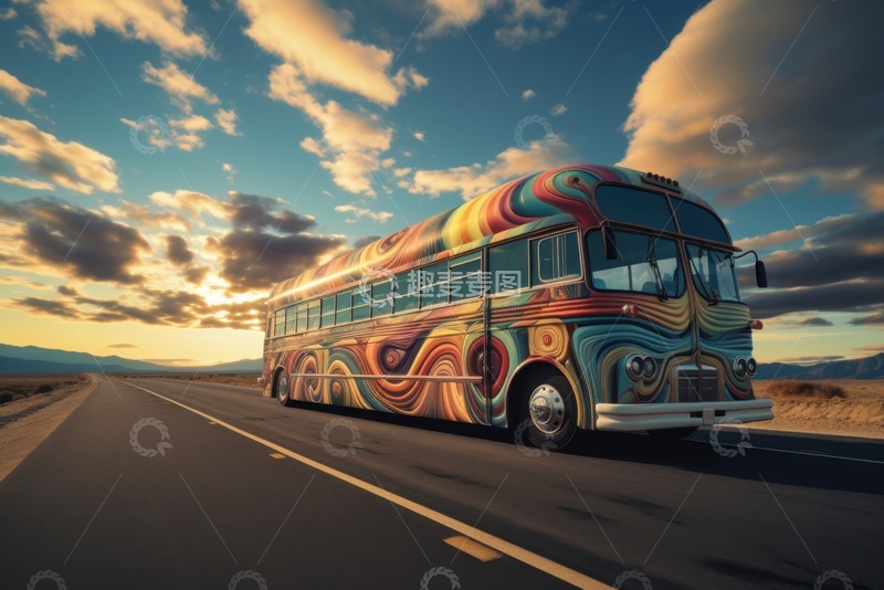高清大图下载【趣麦麦图】公路上行驶的一辆大巴车