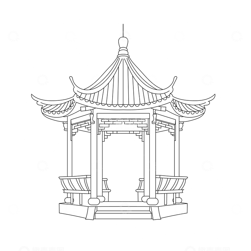 源文件下载【趣麦麦图】中式古风线稿建筑亭子线条矢量元素
