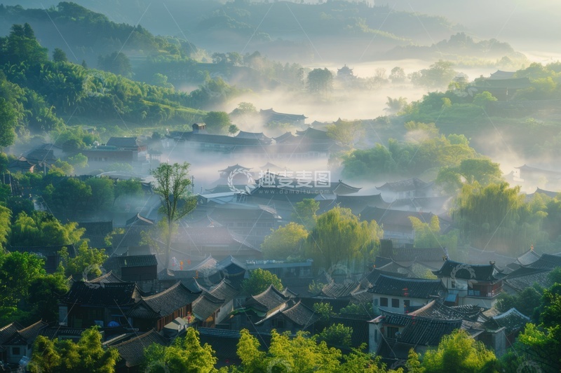 高清大图下载【趣麦麦图】古镇建筑雾气自然美景