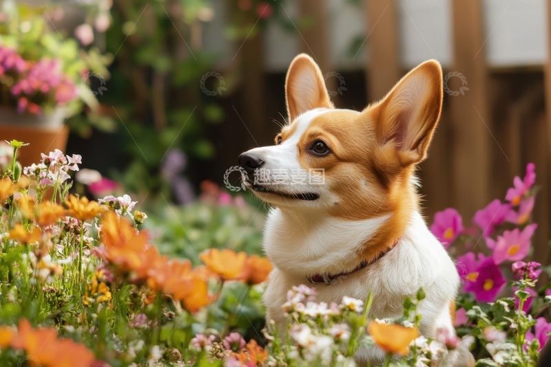 高清大图下载【趣麦麦图】坐在花丛中的可爱小狗狗