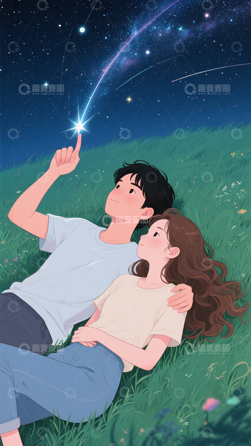 高清大图下载【趣麦麦图】情人节情侣场景插画草坪上甜蜜互动夜景