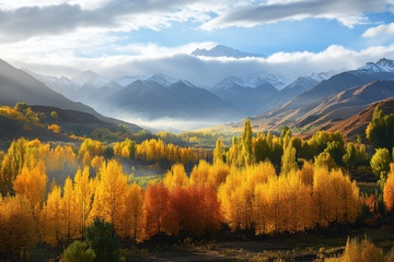 秋季金黄色的树林美景