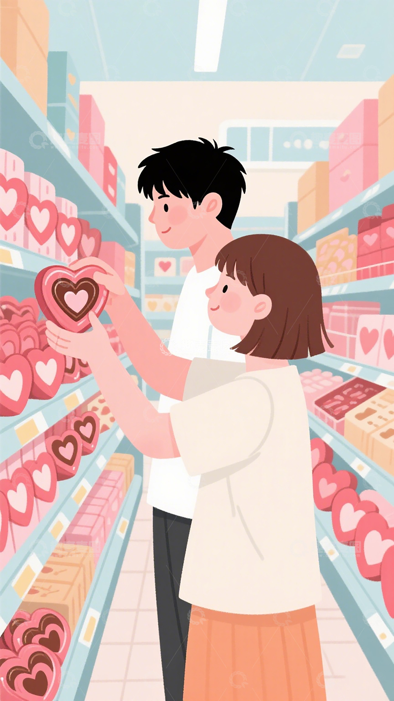 高清大图下载【趣麦麦图】清新治愈扁平风情侣插画超市购物甜蜜场景