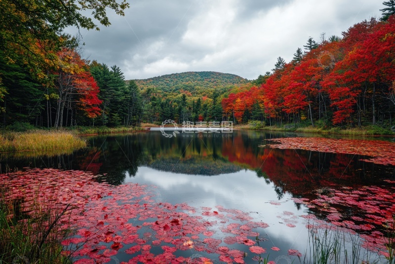 高清大图下载【趣麦麦图】秋季红色的枫叶洛满湖泊