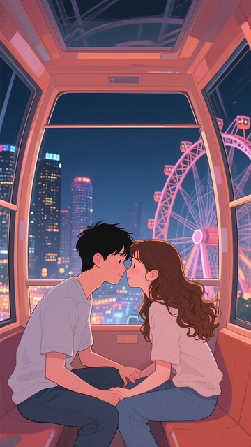 情人节情侣场景插画摩天轮上甜蜜互动夜景