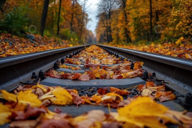 高清大图下载【趣麦麦图】洛满落叶的铁路轨道