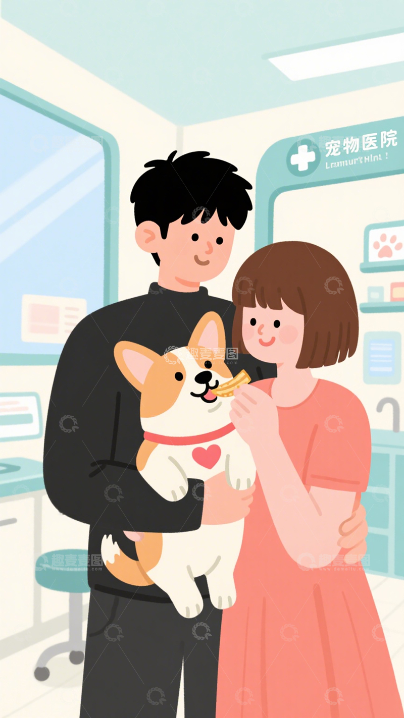 高清大图下载【趣麦麦图】清新治愈扁平风情侣插画甜蜜遛狗互动场景
