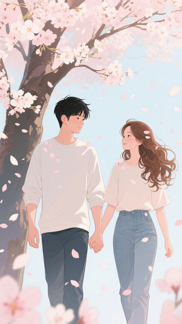 情侣场景插画樱花树下甜蜜牵手互动情人节