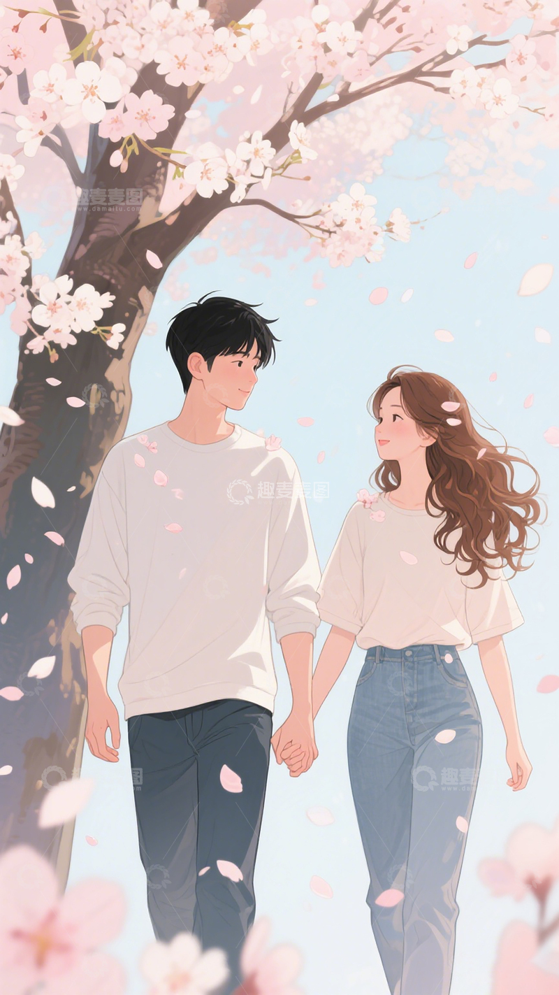高清大图下载【趣麦麦图】情侣场景插画樱花树下甜蜜牵手互动情人节