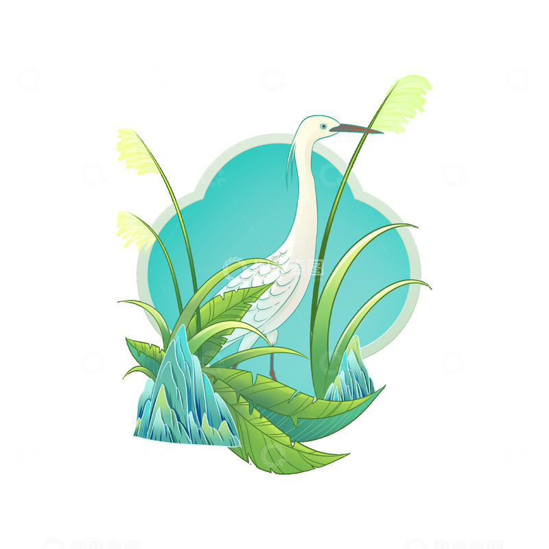 源文件下载【趣麦麦图】白露节气白鹭候鸟芦花绿叶山石