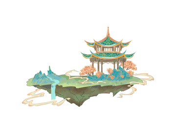 彩绘卡通凉亭亭子花树山石祥云