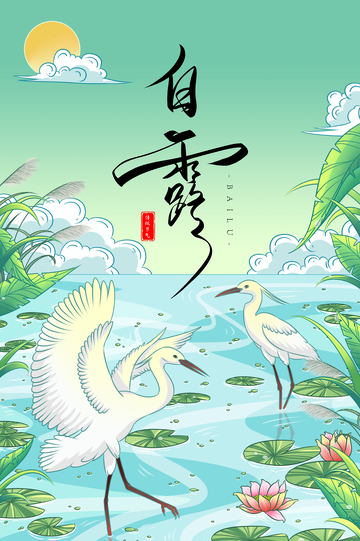 白露节气云朵荷塘绿叶白鹭候鸟