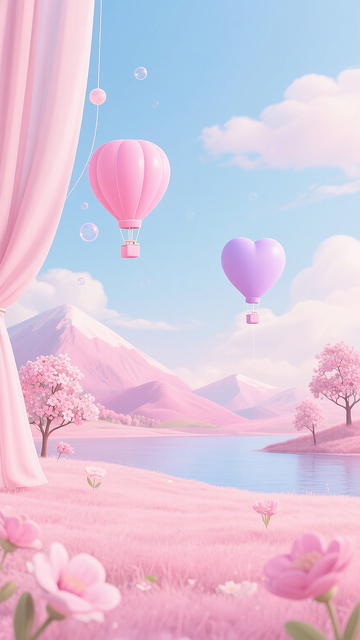 浪漫梦幻粉紫热气球风景背景素材