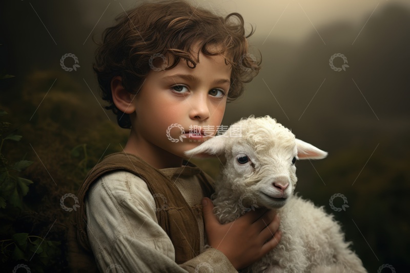 高清大图下载【趣麦麦图】抱着小羊羔的男孩