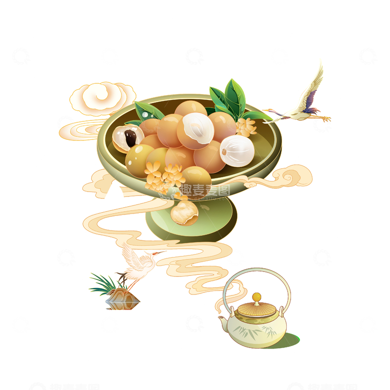 源文件下载【趣麦麦图】白露龙眼桂圆水果托盘祥云茶壶仙鹤