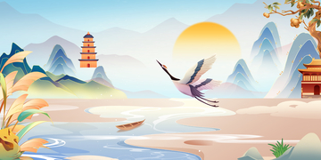 白露节气飞鹤芦苇山丘宝塔树木背景