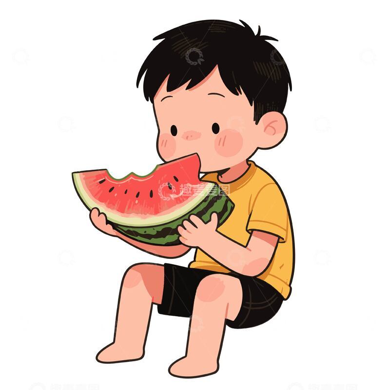 小男孩吃西瓜