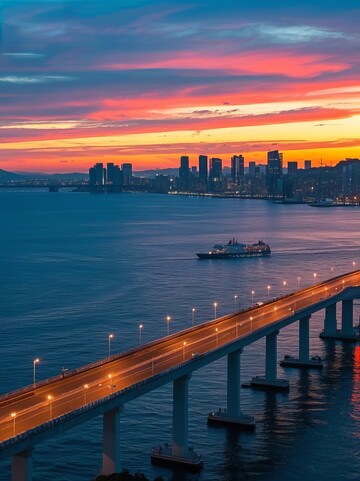 海滨城市日落大桥摄影